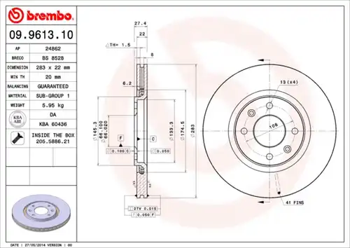 спирачен диск BREMBO 09.9613.10