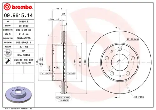 спирачен диск BREMBO 09.9615.14