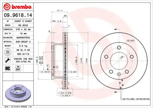 спирачен диск BREMBO 09.9618.14