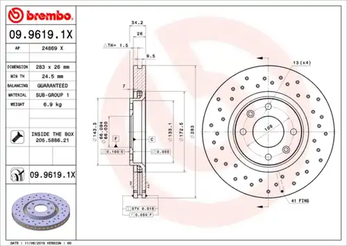 спирачен диск BREMBO 09.9619.1X