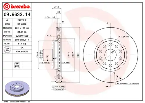 спирачен диск BREMBO 09.9632.14