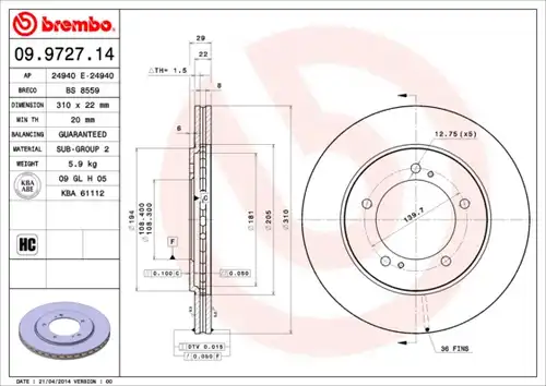 спирачен диск BREMBO 09.9727.14