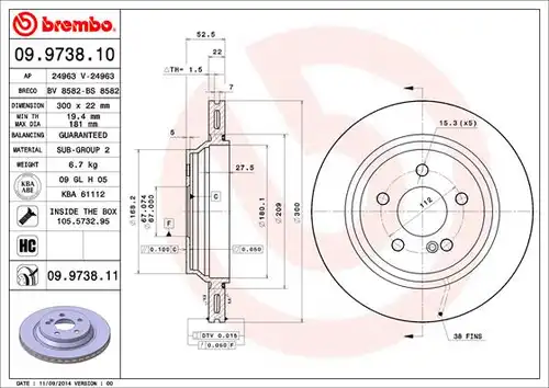 спирачен диск BREMBO 09.9738.10