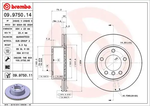 спирачен диск BREMBO 09.9750.11