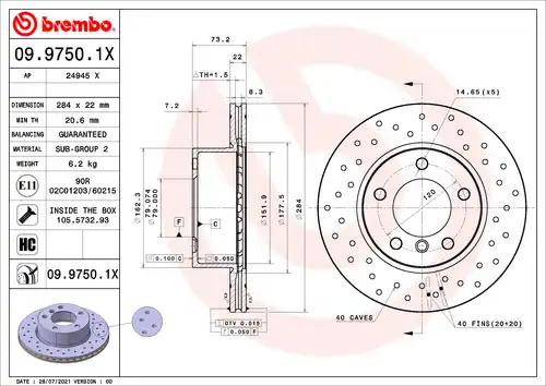 спирачен диск BREMBO 09.9750.1X