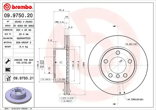 спирачен диск BREMBO 09.9750.21