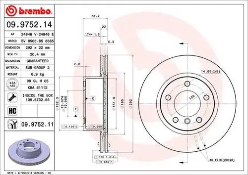 спирачен диск BREMBO 09.9752.11