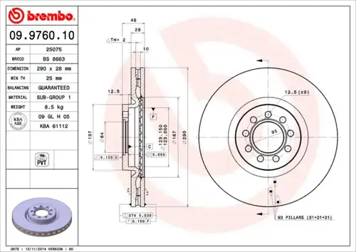 спирачен диск BREMBO 09.9760.10