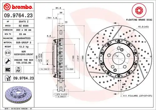 спирачен диск BREMBO 09.9764.23