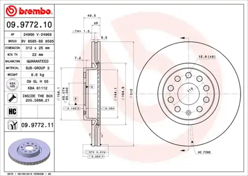 спирачен диск BREMBO 09.9772.11