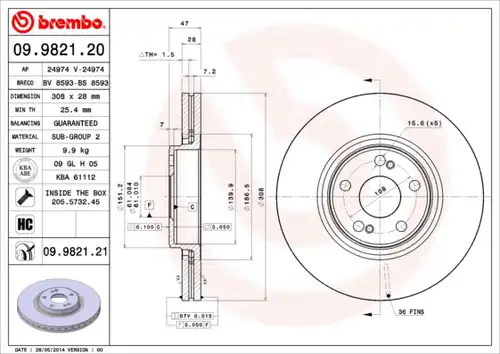 спирачен диск BREMBO 09.9821.20