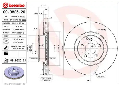 спирачен диск BREMBO 09.9825.20