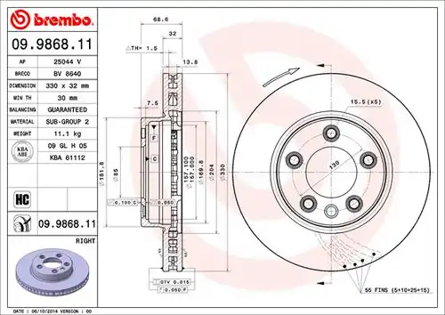 спирачен диск BREMBO 09.9868.11