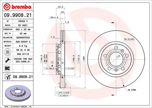 спирачен диск BREMBO 09.9908.21