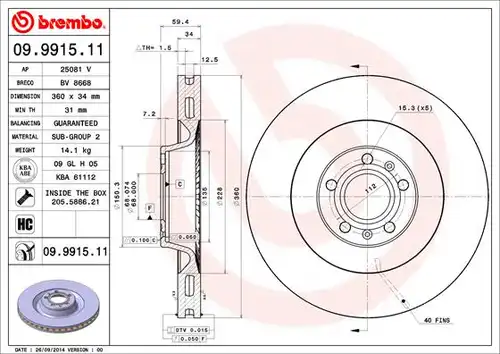 спирачен диск BREMBO 09.9915.11