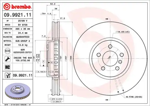 спирачен диск BREMBO 09.9921.11