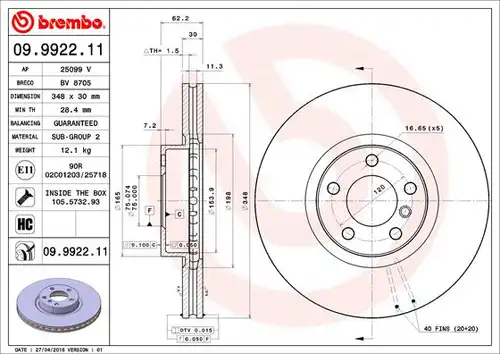 спирачен диск BREMBO 09.9922.11