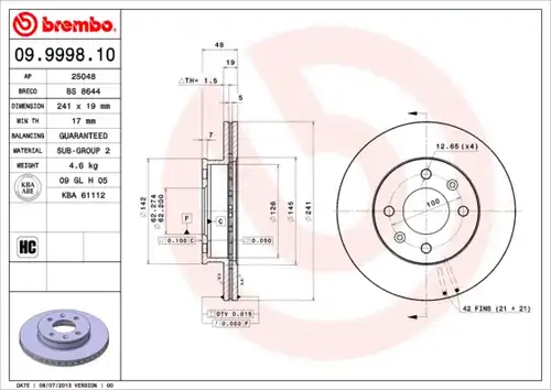 спирачен диск BREMBO 09.9998.10