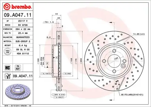 спирачен диск BREMBO 09.A047.11