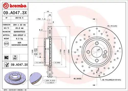 спирачен диск BREMBO 09.A047.3X