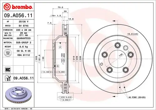 спирачен диск BREMBO 09.A056.11