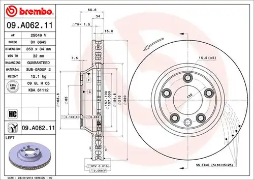 спирачен диск BREMBO 09.A062.11