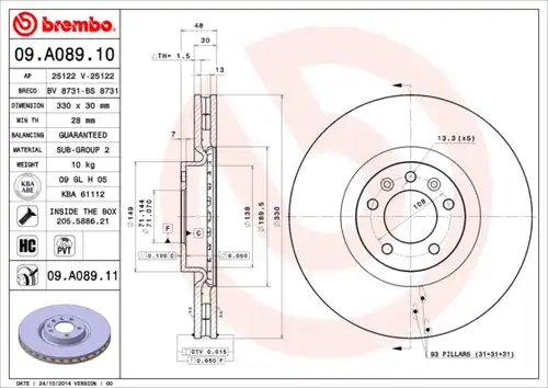 спирачен диск BREMBO 09.A089.10