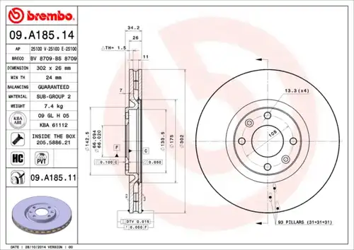 спирачен диск BREMBO 09.A185.11