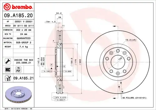 спирачен диск BREMBO 09.A185.21