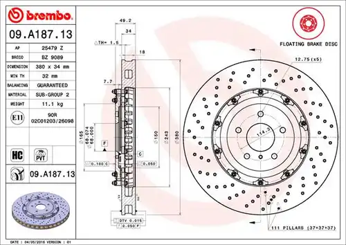 спирачен диск BREMBO 09.A187.13