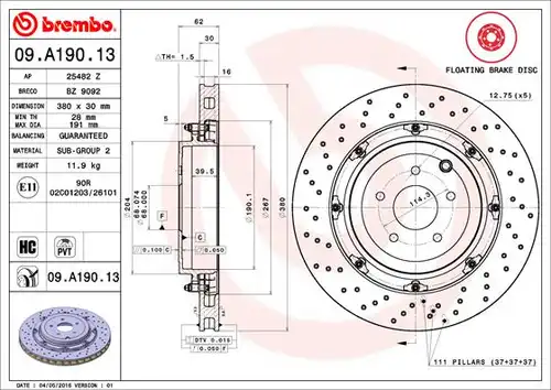 спирачен диск BREMBO 09.A190.13