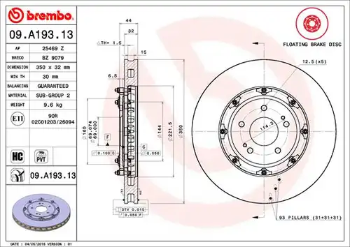 спирачен диск BREMBO 09.A193.13