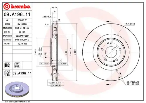 спирачен диск BREMBO 09.A196.11