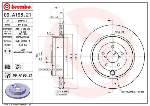 спирачен диск BREMBO 09.A198.21