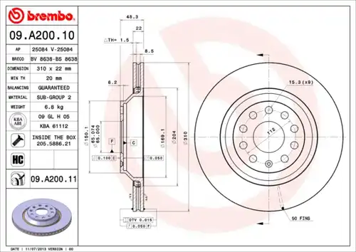 спирачен диск BREMBO 09.A200.11