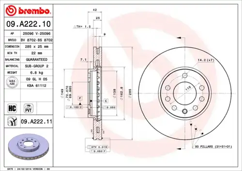 спирачен диск BREMBO 09.A222.10