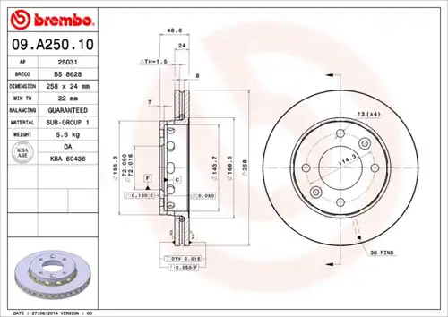 спирачен диск BREMBO 09.A250.10