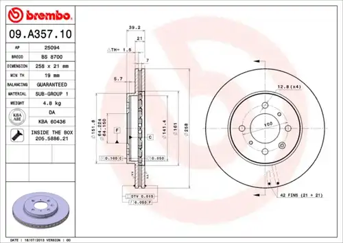 спирачен диск BREMBO 09.A357.10