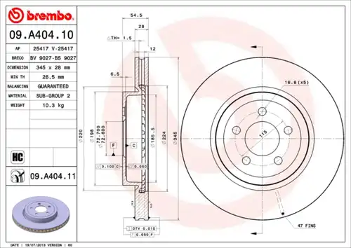 спирачен диск BREMBO 09.A404.11