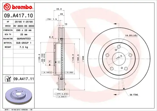 спирачен диск BREMBO 09.A417.10