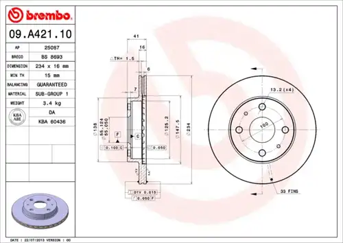 спирачен диск BREMBO 09.A421.10