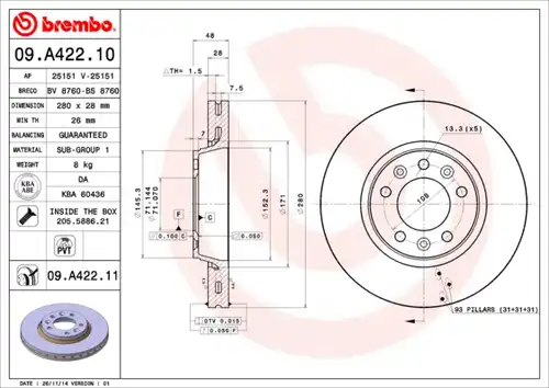 спирачен диск BREMBO 09.A422.10