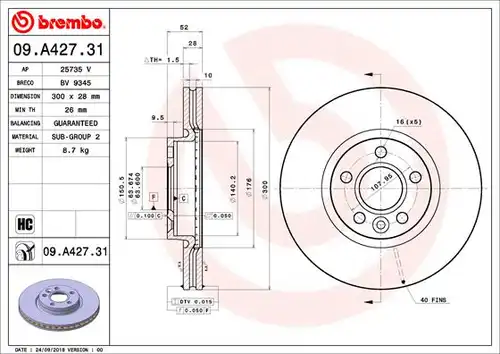 спирачен диск BREMBO 09.A427.31