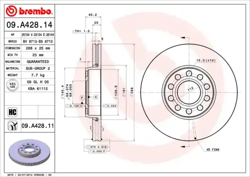 спирачен диск BREMBO 09.A428.11