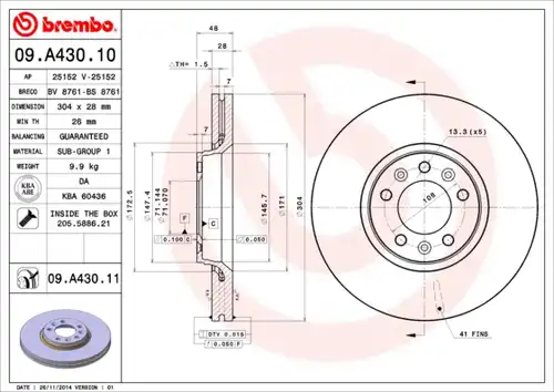 спирачен диск BREMBO 09.A430.10