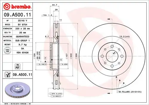 спирачен диск BREMBO 09.A500.11