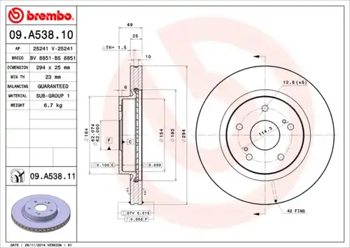 спирачен диск BREMBO 09.A538.10