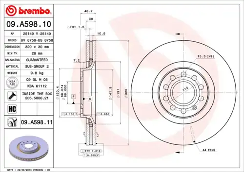 спирачен диск BREMBO 09.A598.10