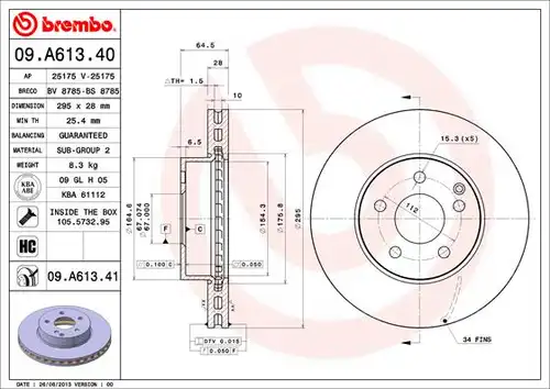 спирачен диск BREMBO 09.A613.40