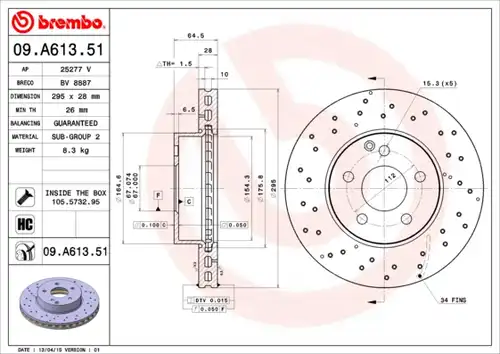 спирачен диск BREMBO 09.A613.51